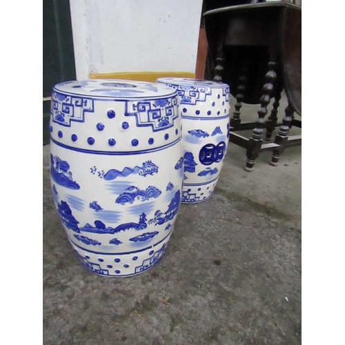 886 - Pair of Oriental Blue and White Barrel Seats Fine Porcelain with Landscape Decoration Each Approxima... 