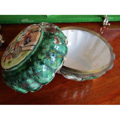 889 - Antique Enamel Decorated Jar with Cover Melon Form Approximately 4 Inches Diameter