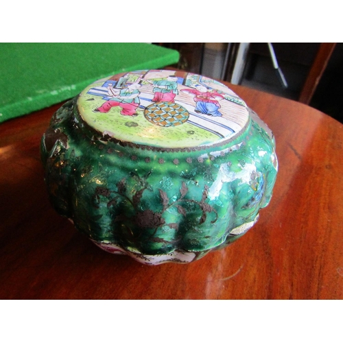 889 - Antique Enamel Decorated Jar with Cover Melon Form Approximately 4 Inches Diameter