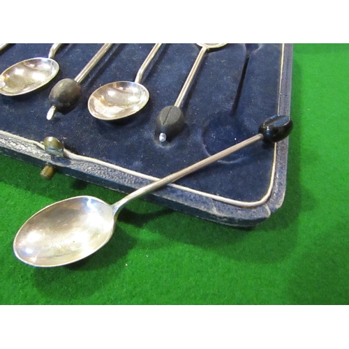 9 - Set of Six Antique Solid Silver Coffee Bean Motif Decorated Coffee Spoons Contained within Original ... 