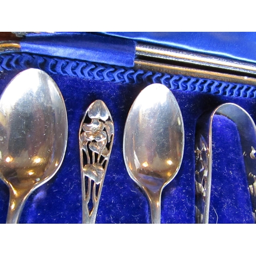 901 - Set of Six Antique Solid Silver Teaspoons with Matching Sugar Nips Filigree Decorated Handles Contai... 