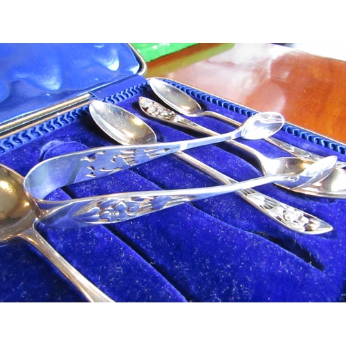 901 - Set of Six Antique Solid Silver Teaspoons with Matching Sugar Nips Filigree Decorated Handles Contai... 