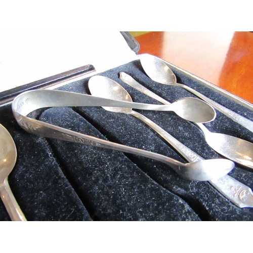 902 - Set of Six Solid Silver Teaspoons with Matching Sugar Nips Contained within Original Presentation Ca... 