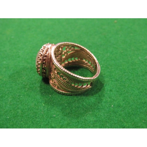 908 - Vintage Ladies Facet Cut Oval Inset Gilt Silver Ring Filigree Decorated Ring Size M and a Half