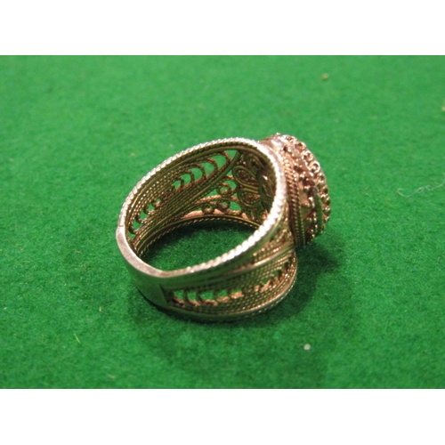 908 - Vintage Ladies Facet Cut Oval Inset Gilt Silver Ring Filigree Decorated Ring Size M and a Half