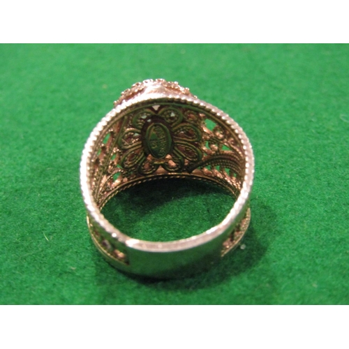 908 - Vintage Ladies Facet Cut Oval Inset Gilt Silver Ring Filigree Decorated Ring Size M and a Half