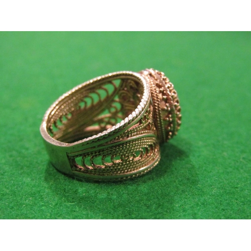 908 - Vintage Ladies Facet Cut Oval Inset Gilt Silver Ring Filigree Decorated Ring Size M and a Half