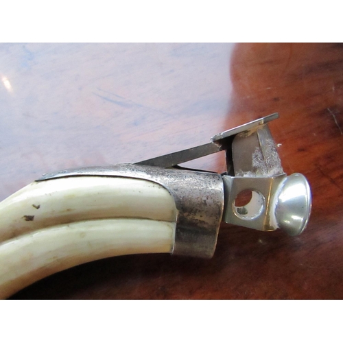 91 - Unusual Tusk Mounted Silver Cigar Cutters Approximately 6 Inches Wide