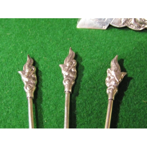 917 - Oriental Silver Mounted Cocktail Stick Rest Dragon Motif Decorated Six Silver Cocktail Sticks