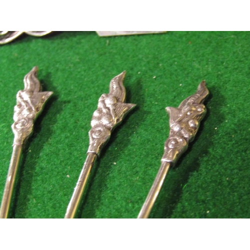 917 - Oriental Silver Mounted Cocktail Stick Rest Dragon Motif Decorated Six Silver Cocktail Sticks