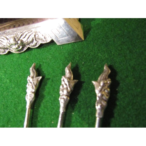 917 - Oriental Silver Mounted Cocktail Stick Rest Dragon Motif Decorated Six Silver Cocktail Sticks