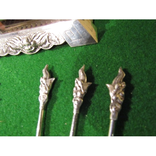 917 - Oriental Silver Mounted Cocktail Stick Rest Dragon Motif Decorated Six Silver Cocktail Sticks