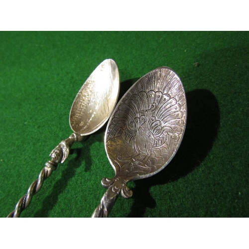 924 - Pair of Solid Silver Spoons with Upper Finial Decoration Further Engraved to Wells Each Spoon Approx... 