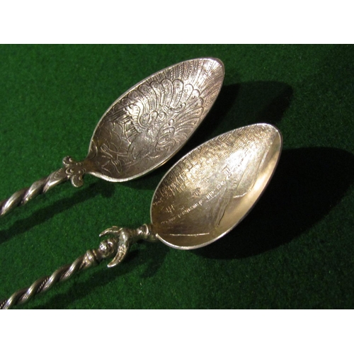 924 - Pair of Solid Silver Spoons with Upper Finial Decoration Further Engraved to Wells Each Spoon Approx... 