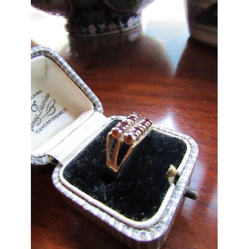 931 - Ladies Garnet and Diamond Twin Row Ring Vintage Mounted on 9 Carat Gold Ring Size M and a Half