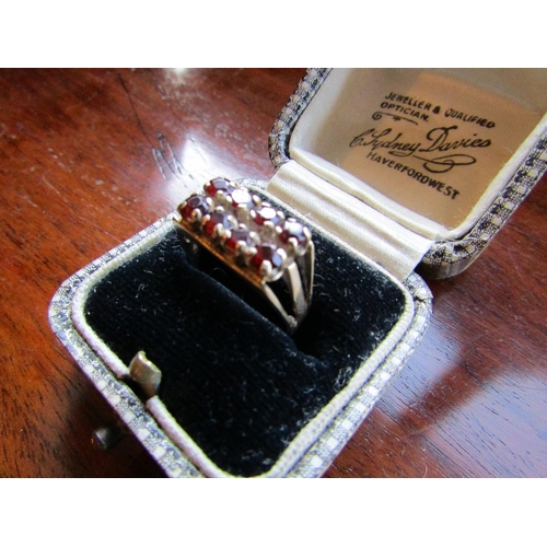 931 - Ladies Garnet and Diamond Twin Row Ring Vintage Mounted on 9 Carat Gold Ring Size M and a Half