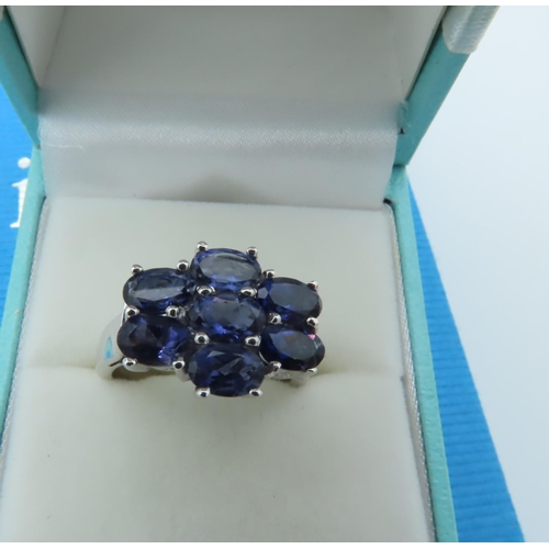 955 - Sapphire Ladies Cluster Ring of Good Colour Mounted on Silver Band Size P