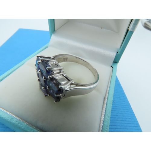 955 - Sapphire Ladies Cluster Ring of Good Colour Mounted on Silver Band Size P