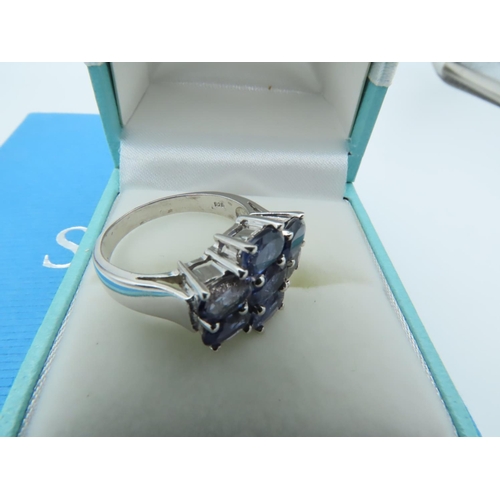 955 - Sapphire Ladies Cluster Ring of Good Colour Mounted on Silver Band Size P