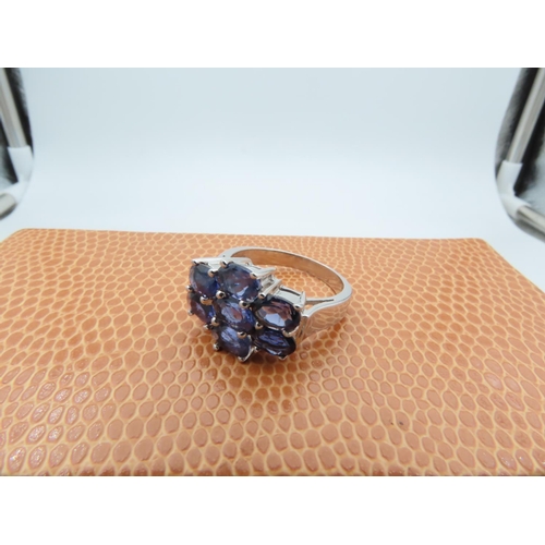 955 - Sapphire Ladies Cluster Ring of Good Colour Mounted on Silver Band Size P