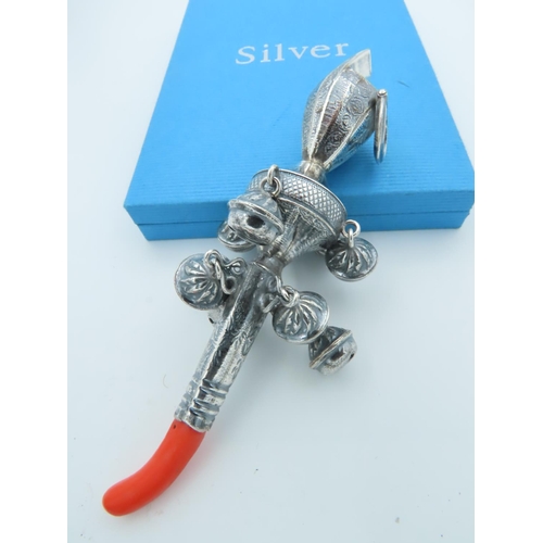 956 - Silver Babies Rattle with Coral Soother Approximately 5 Inches High