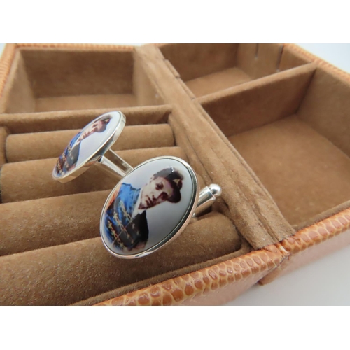 958 - Pair of Jockey Decorated Gentleman's Cuff Links Silver Mounted