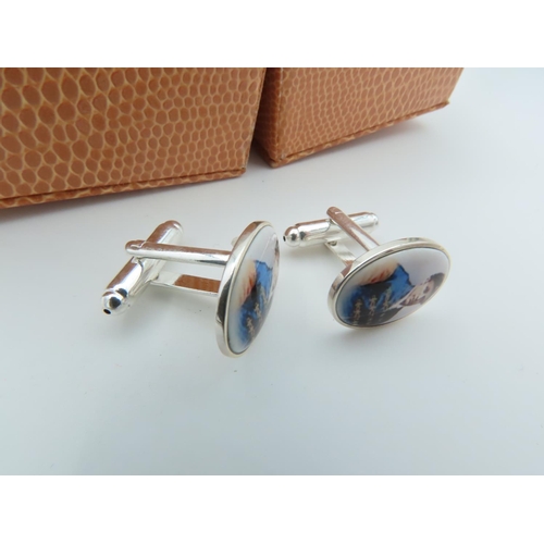 958 - Pair of Jockey Decorated Gentleman's Cuff Links Silver Mounted