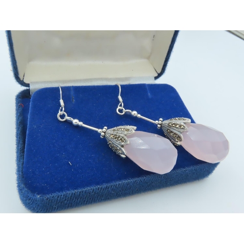 964 - Pair of Rose Quartz Silver Mounted Ladies Drop Earrings Finely Chased and Detailed