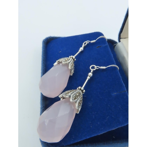 964 - Pair of Rose Quartz Silver Mounted Ladies Drop Earrings Finely Chased and Detailed