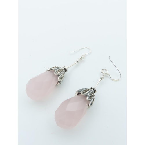 964 - Pair of Rose Quartz Silver Mounted Ladies Drop Earrings Finely Chased and Detailed