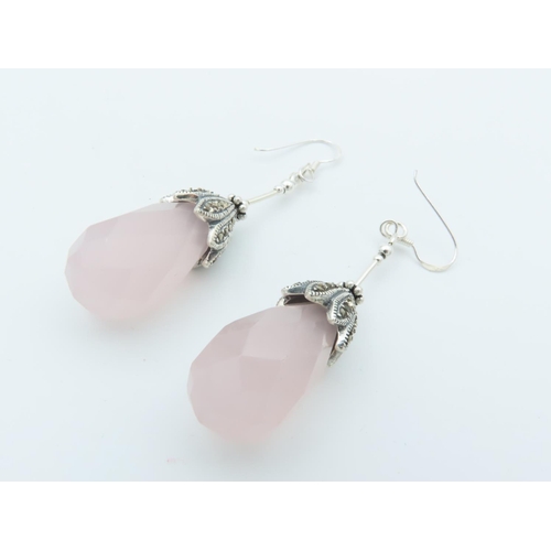 964 - Pair of Rose Quartz Silver Mounted Ladies Drop Earrings Finely Chased and Detailed