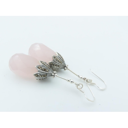 964 - Pair of Rose Quartz Silver Mounted Ladies Drop Earrings Finely Chased and Detailed