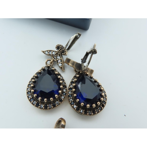 966 - Silver Mounted Blue Stone Suite Comprising Ring, Earrings and Necklace Pendant