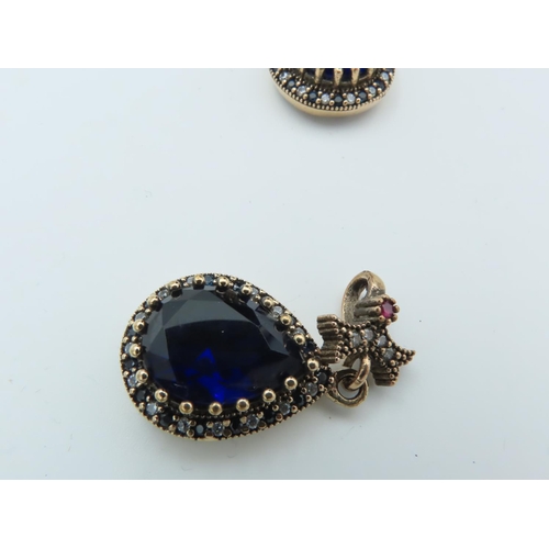 966 - Silver Mounted Blue Stone Suite Comprising Ring, Earrings and Necklace Pendant