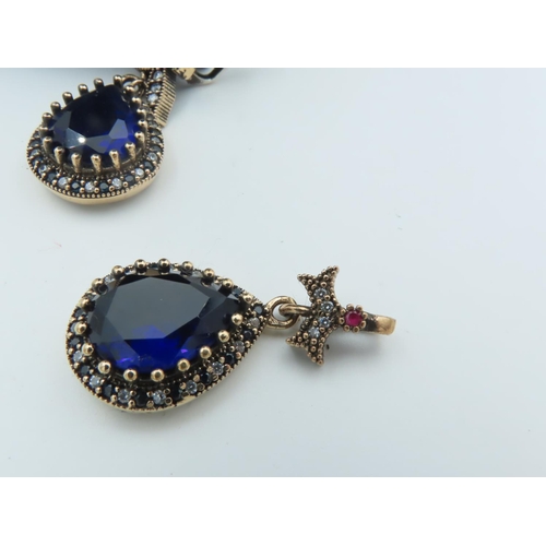 966 - Silver Mounted Blue Stone Suite Comprising Ring, Earrings and Necklace Pendant