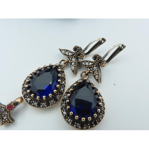 966 - Silver Mounted Blue Stone Suite Comprising Ring, Earrings and Necklace Pendant