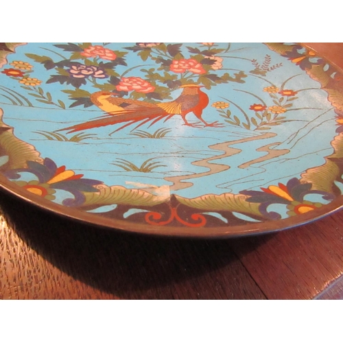 97 - Antique Cloisonne Charger Depicting Bird with Flowers Beyond Approximately 11 Inches Diameter