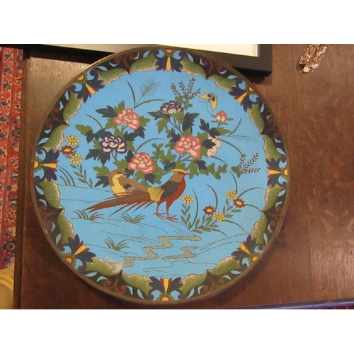 97 - Antique Cloisonne Charger Depicting Bird with Flowers Beyond Approximately 11 Inches Diameter