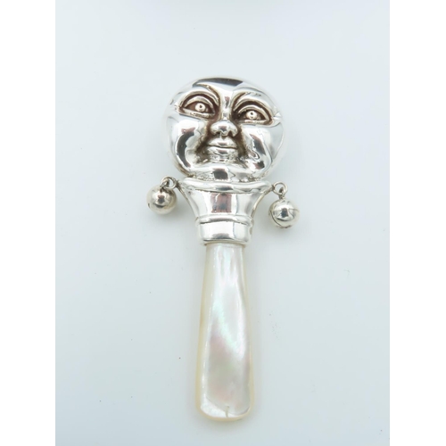 970 - Moon Motif Double Sided Babies Rattle Mother of Pearl Handle Approximately 5 Inches High