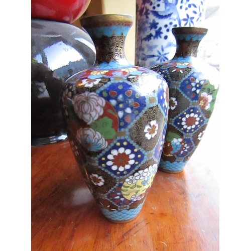 993 - Pair of Cloisonne Decorated Oriental Baluster Form Jars Slender Neck Each Approximately 5 Inches Hig... 