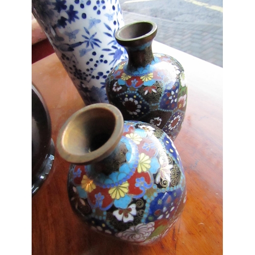 993 - Pair of Cloisonne Decorated Oriental Baluster Form Jars Slender Neck Each Approximately 5 Inches Hig... 