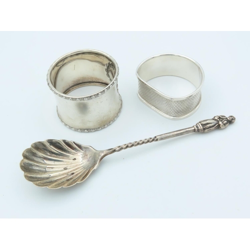 994 - Two Solid Silver Napkin Rings and Solid Silver Spoon with Scallop Motif Decorated Well