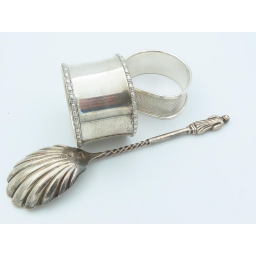 994 - Two Solid Silver Napkin Rings and Solid Silver Spoon with Scallop Motif Decorated Well