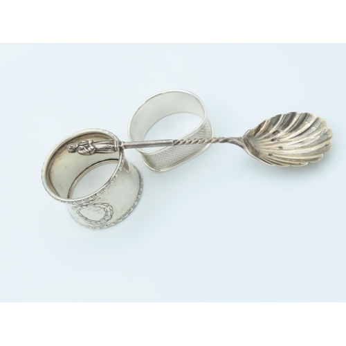 994 - Two Solid Silver Napkin Rings and Solid Silver Spoon with Scallop Motif Decorated Well