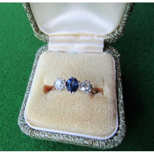 125 - 18 Carat Gold Three Stone Diamond and Sapphire Ring Size K and a Half Attractive Colour