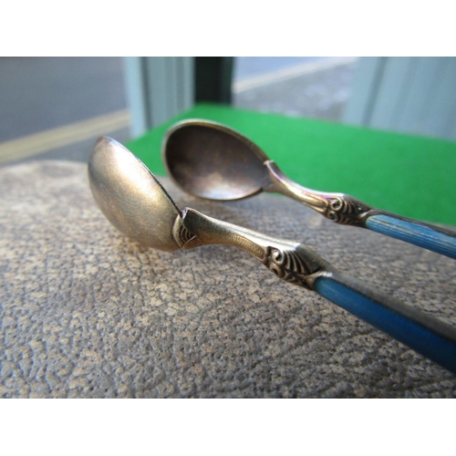 133 - Solid Silver Enamel Decorated Teaspoons with Forks and Sugar Nips One Fork Missing Contained within ... 