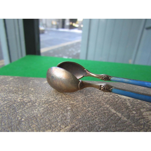 133 - Solid Silver Enamel Decorated Teaspoons with Forks and Sugar Nips One Fork Missing Contained within ... 