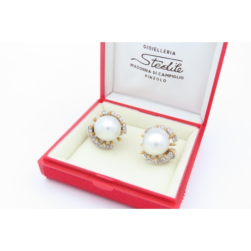 142 - Pair of 18 Carat Yellow Gold Mounted Vintage Pearl Earrings of Attractive Lustre with Diamond Surrou... 