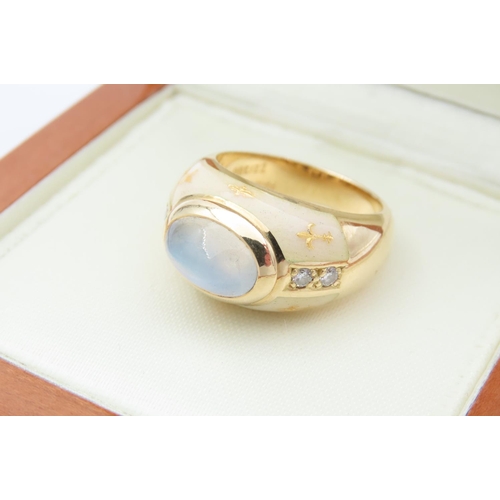 146 - Faberge 18 Carat Gold Cats Eye Cabochon Cut Centre Stone Ring with Further Diamond and Enamel Decora... 