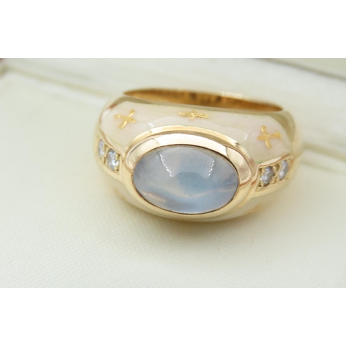 146 - Faberge 18 Carat Gold Cats Eye Cabochon Cut Centre Stone Ring with Further Diamond and Enamel Decora... 